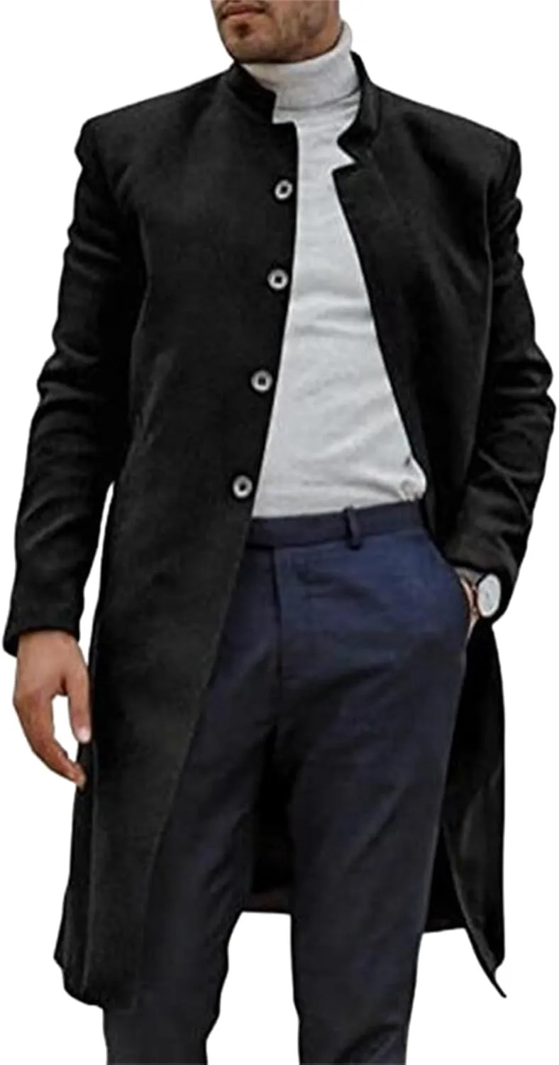 Mens Trench Coat Slim Fit Stand Collar Mid Length Overcoat Windproof Wool Blend Peacoat Single Breasted Jackets Fall Winter