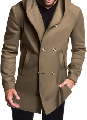 Mens Trench Coat with Hood Midi Length Double Breasted Winter Pea Coats Windbreaker Wool Blend Overcoat Jacket for Men