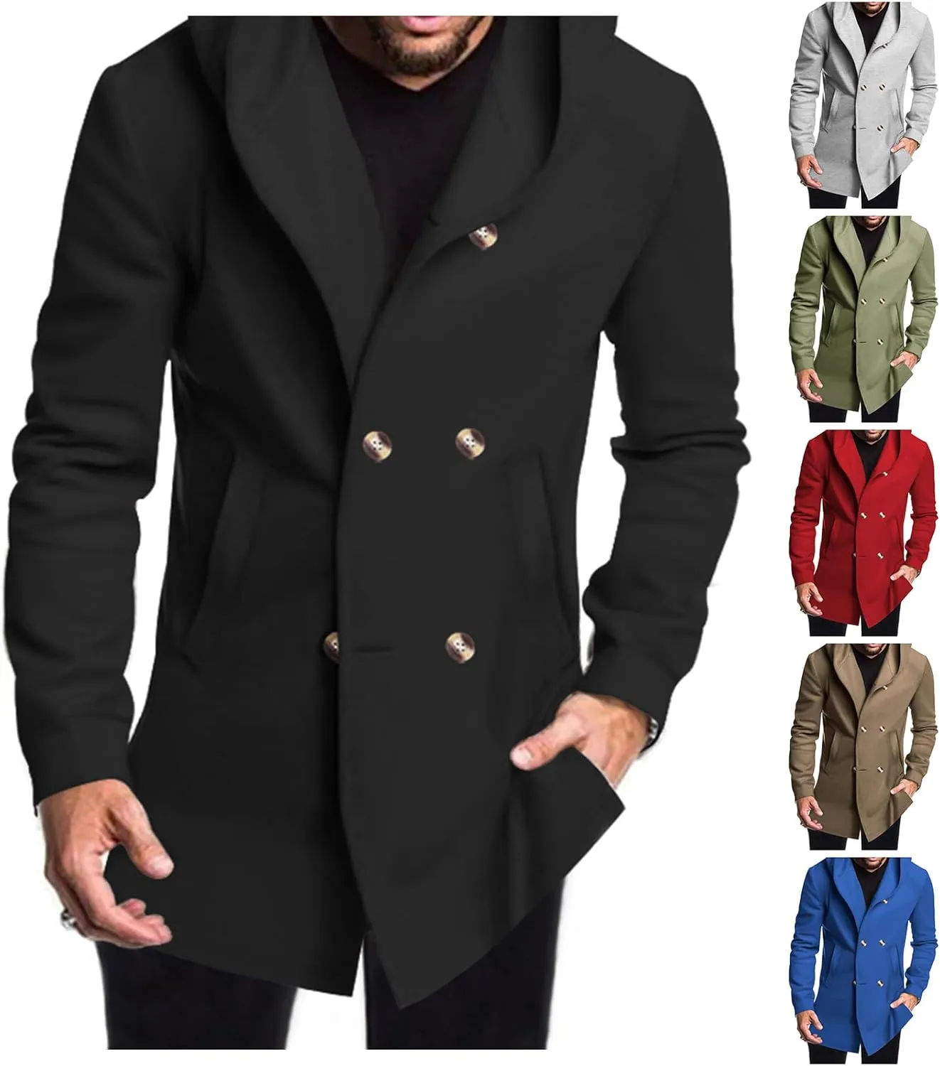 Mens Trench Coat with Hood Midi Length Double Breasted Winter Pea Coats Windbreaker Wool Blend Overcoat Jacket for Men