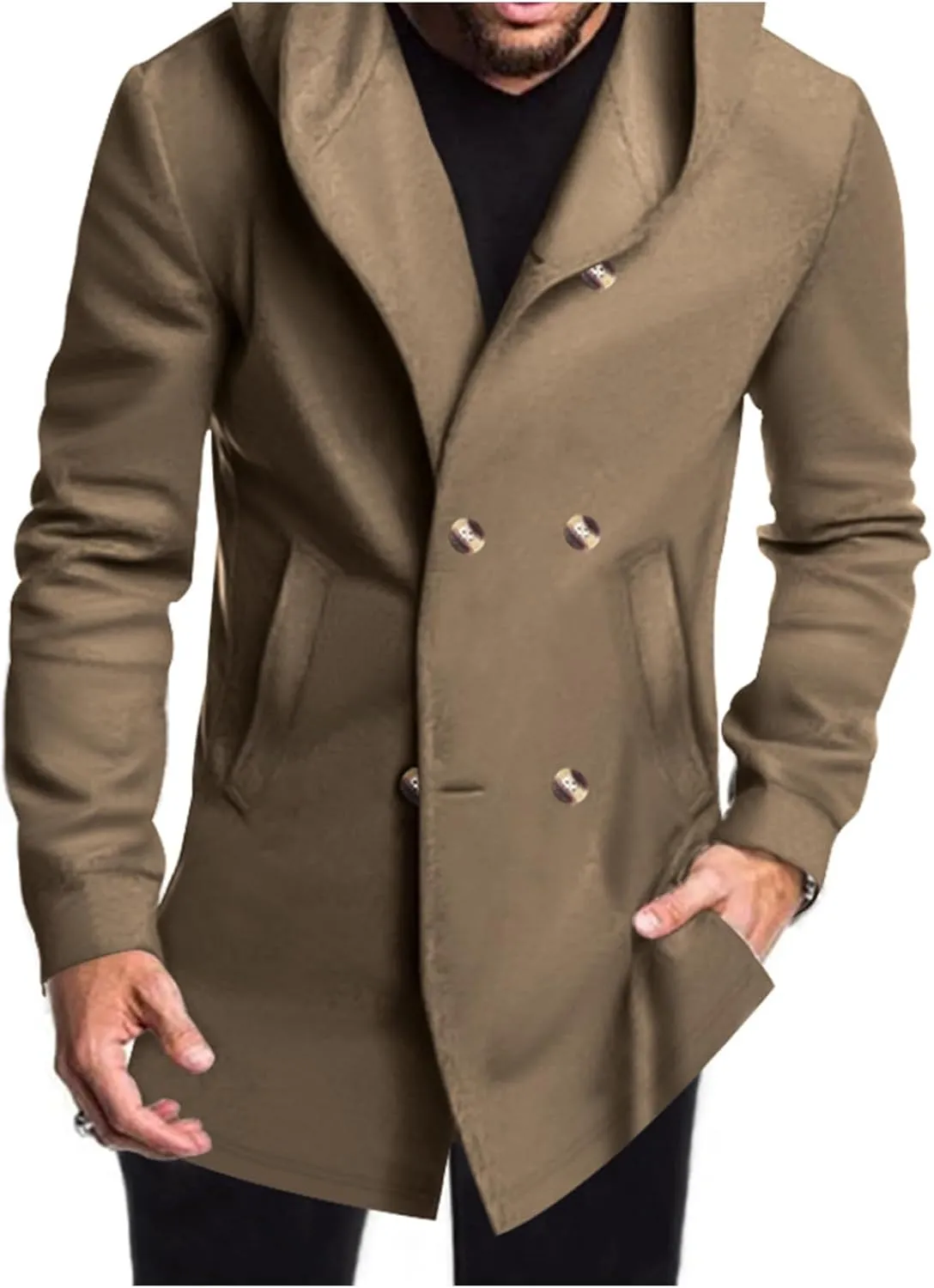 Mens Trench Coat with Hood Midi Length Double Breasted Winter Pea Coats Windbreaker Wool Blend Overcoat Jacket for Men