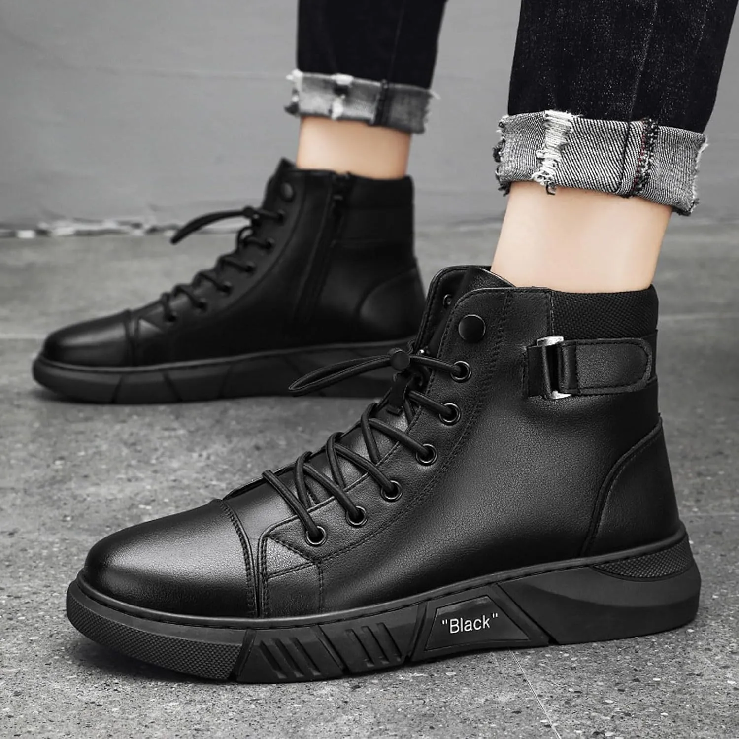 Men's Trendy Solid Color Ankle Boots Thick Sole Heightening High Top Boots Lace Up Non Slip Business Casual Shoes Men