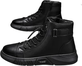 Men's Trendy Solid Color Ankle Boots Thick Sole Heightening High Top Boots Lace Up Non Slip Chukka Side Winter Shoes Men