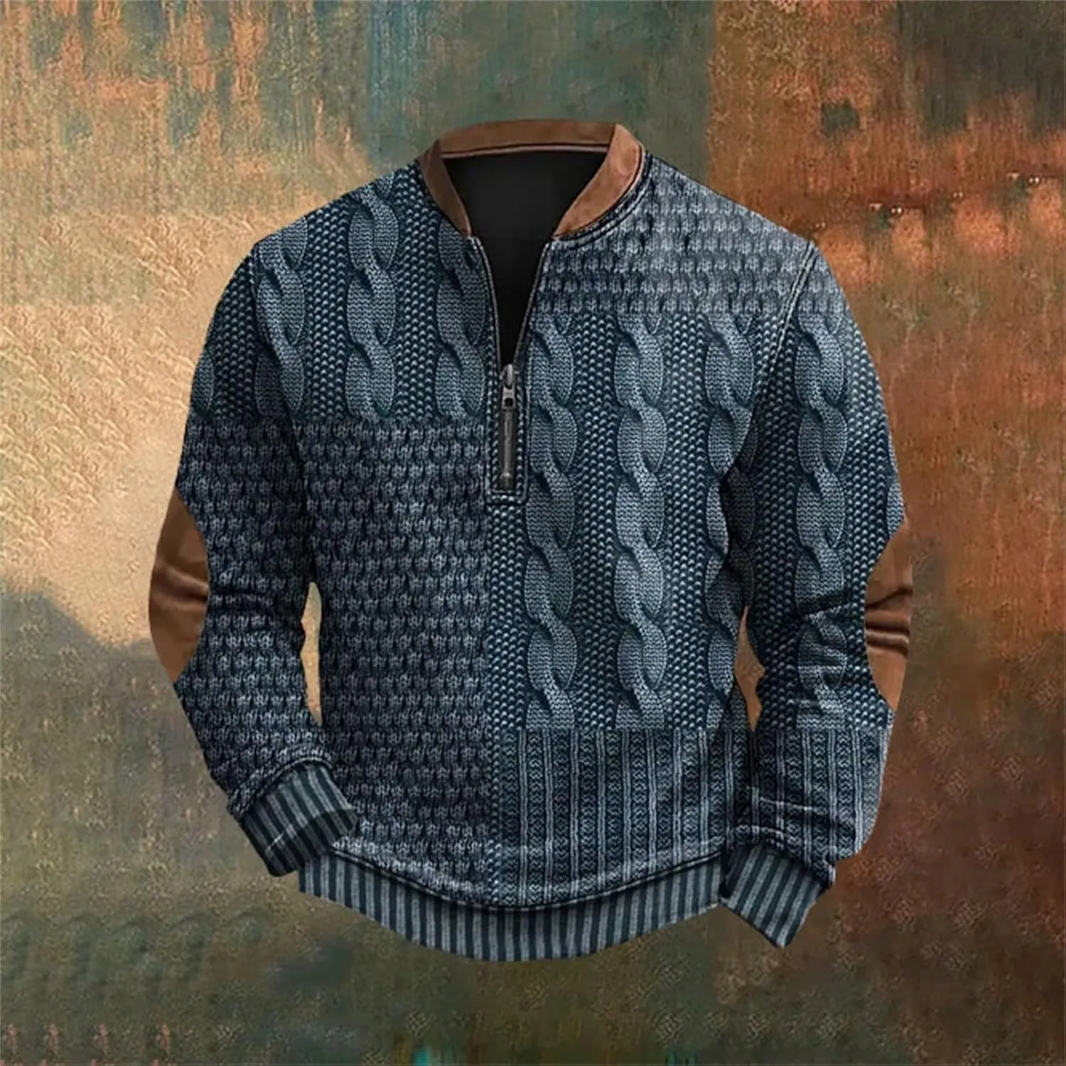 Men's Vintage Knit Print Zip-Up Sweatshirt Long Sleeved Hoodie Mens Sweatshirt Stand Collar 3D Sweaters Like