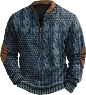 Men's Vintage Knit Print Zip-Up Sweatshirt Long Sleeved Hoodie Mens Sweatshirt Stand Collar 3D Sweaters Like