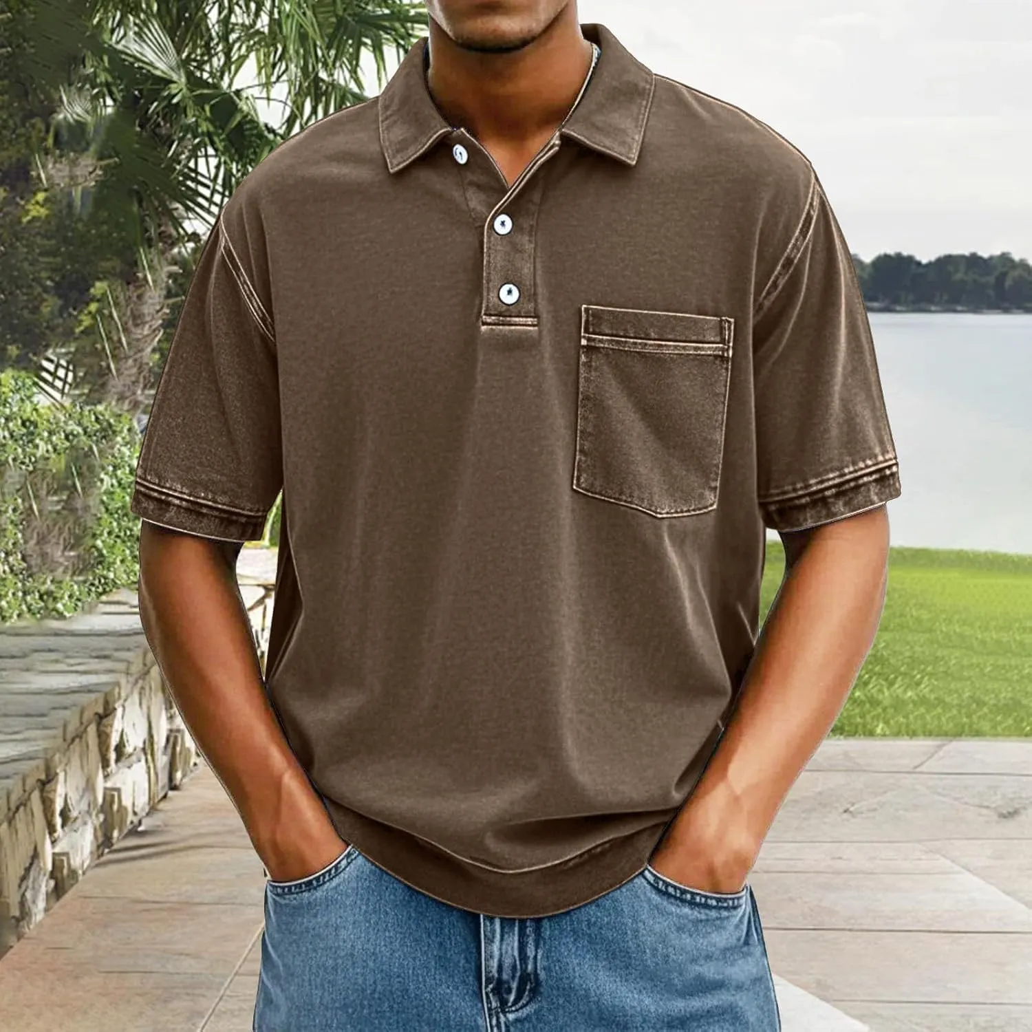 Mens Vintage Polo Shirts 3D Printing Pullover Shirts Classic Fit Lapel Button Tops Summer Casual Retro Distressed Top
