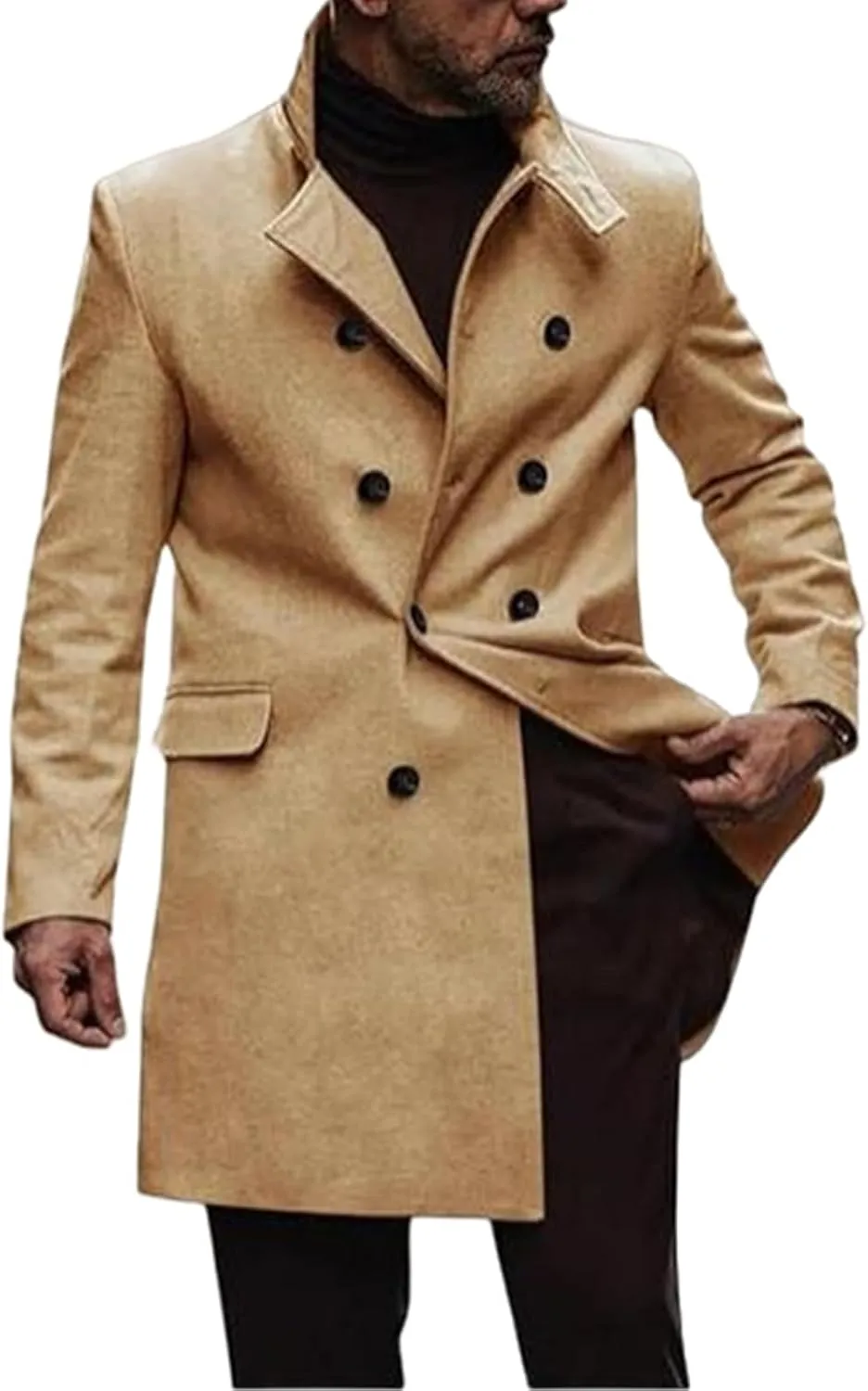 Men's Winter Coat Mid Length Double Breasted Wool Blend Top Coat Solid Stand Collar Oversized Trench Coat Pea Co