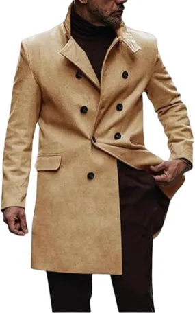 Men's Winter Coat Mid Length Double Breasted Wool Blend Top Coat Solid Stand Collar Oversized Trench Coat Pea Co