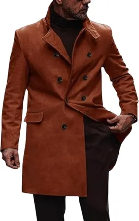 Men's Winter Coat Mid Length Double Breasted Wool Blend Top Coat Solid Stand Collar Oversized Trench Coat Pea Co