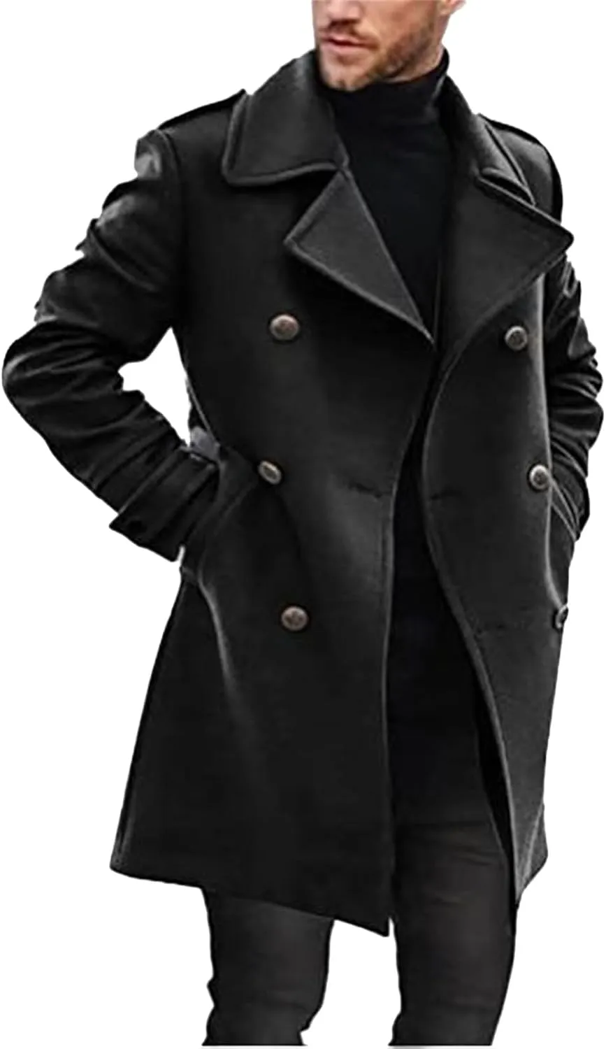 Mens Wool Blend Pea Coat Notched Collar Single Breasted Mid-Length Overcoat Warm Soft Comfortable Trench Jacket Fall Winter