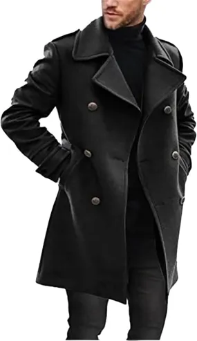 Mens Wool Blend Pea Coat Notched Collar Single Breasted Mid-Length Overcoat Warm Soft Comfortable Trench Jacket Fall Winter