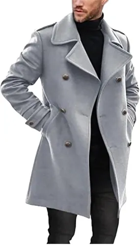 Mens Wool Blend Pea Coat Notched Collar Single Breasted Mid-Length Overcoat Warm Soft Comfortable Trench Jacket Fall Winter