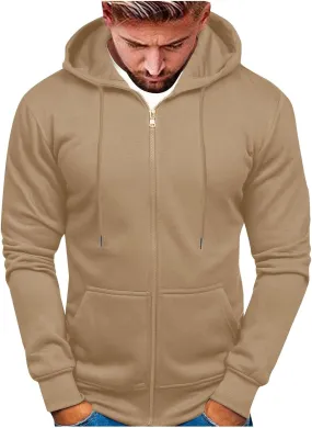 Men's Zip-up Hooded Sweatshirts Full-Zip Hoodie Long Sleeve Solid Color Drawstring Casual Hoodies for Men with Pocket