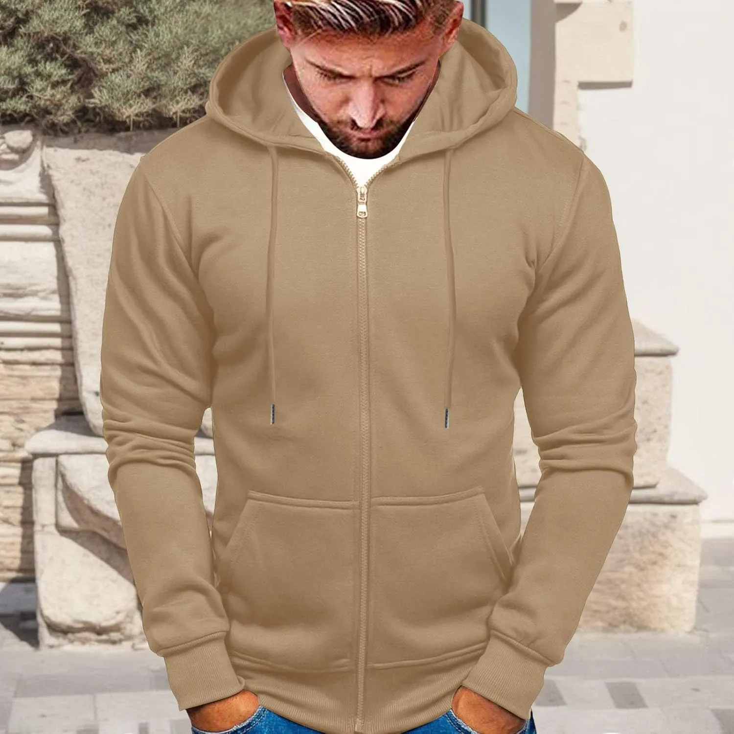 Men's Zip-up Hooded Sweatshirts Full-Zip Hoodie Long Sleeve Solid Color Drawstring Casual Hoodies for Men with Pocket
