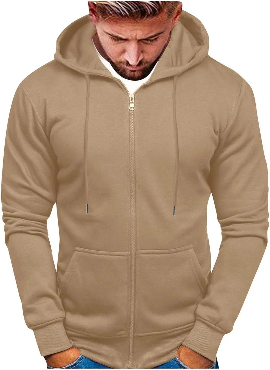 Men's Zip-up Hooded Sweatshirts Full-Zip Hoodie Long Sleeve Solid Color Drawstring Casual Hoodies for Men with Pocket