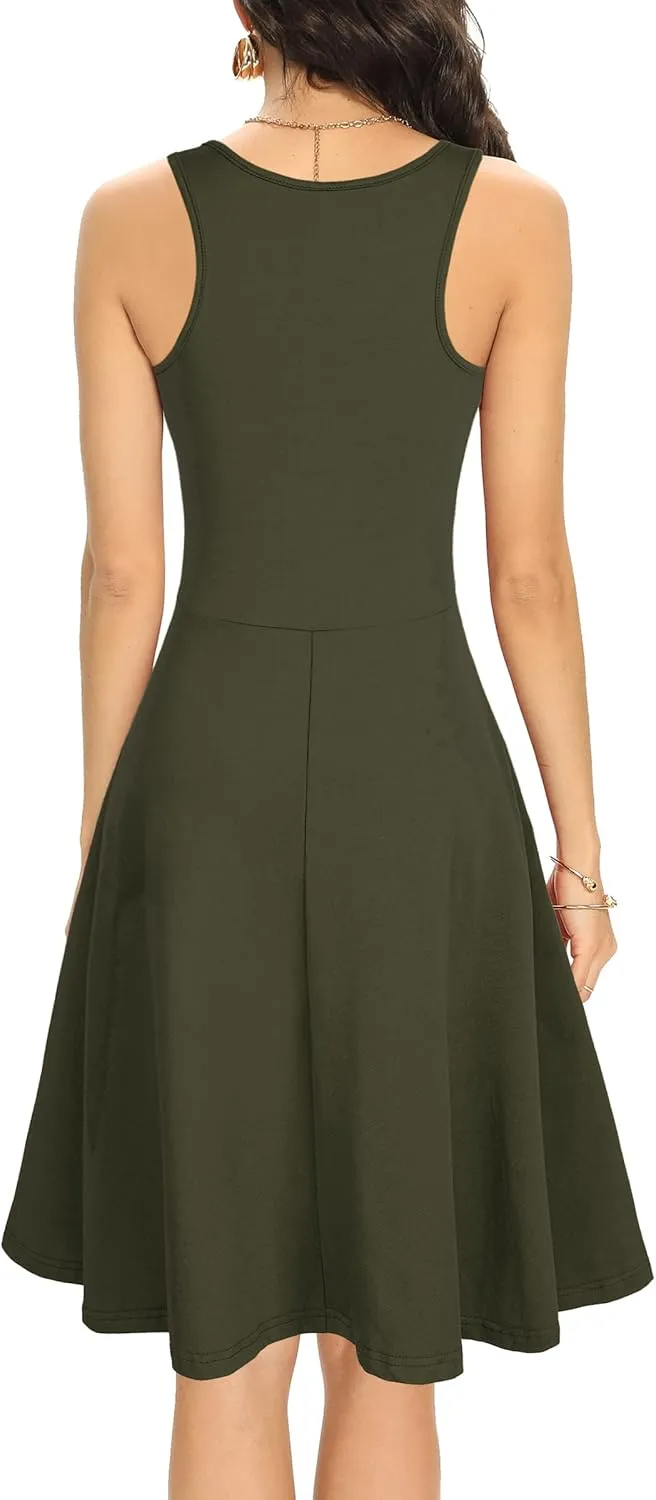 Missufe Women's Sleeveless Racerback Flared Casual Plain Tank Dress