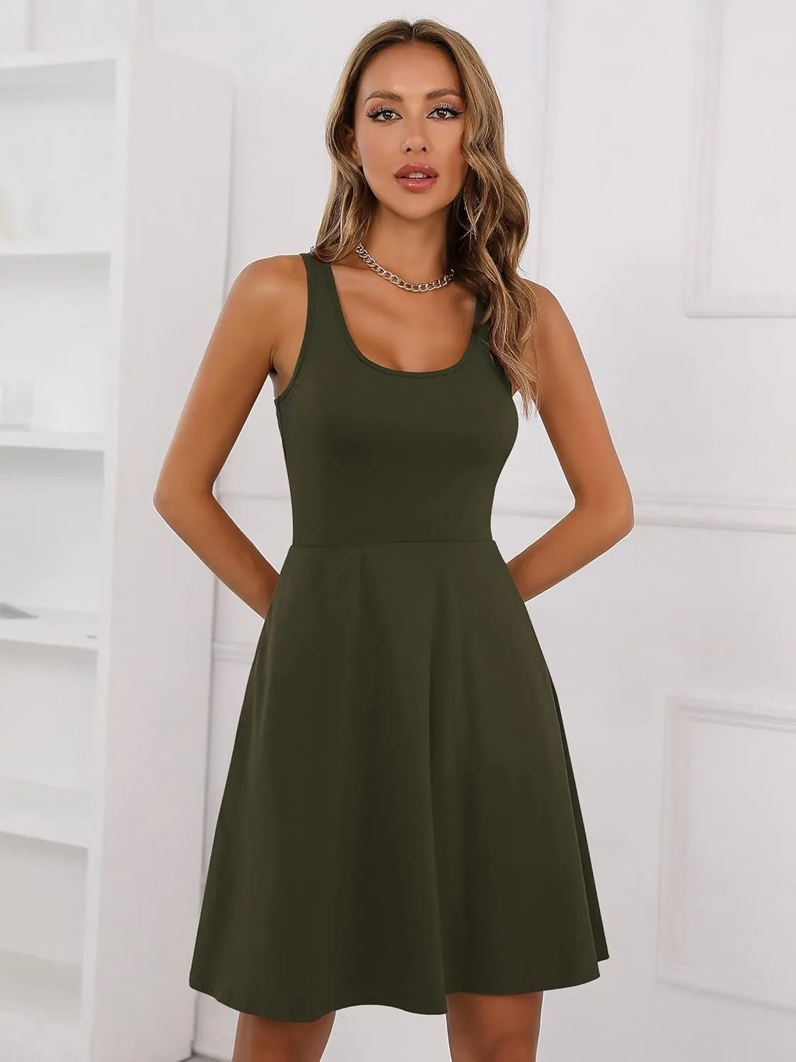 Missufe Women's Sleeveless Racerback Flared Casual Plain Tank Dress