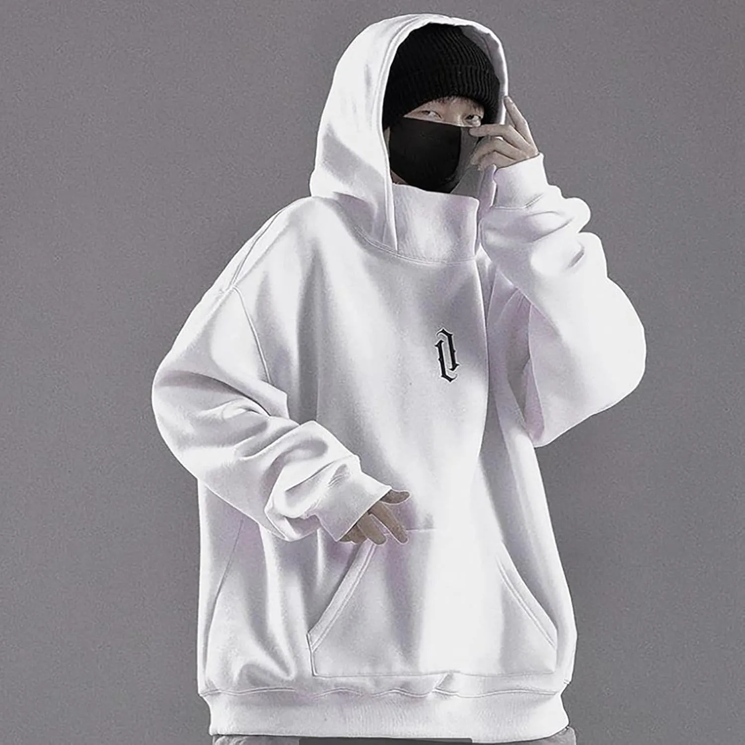 Ninja Hoodie Men Double Neckline Harajuku Cotton Pullover Sweatshirts Windproof Hip Hop Balaclava Fleece Lined Hoodies