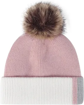 Oplxuo Winter Beanie Hat for Women Color Block Knit Beanie Soft Warm Hat Ski Stocking Cuffed Cap with Pompom