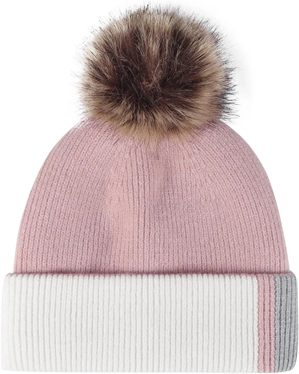 Oplxuo Winter Beanie Hat for Women Color Block Knit Beanie Soft Warm Hat Ski Stocking Cuffed Cap with Pompom