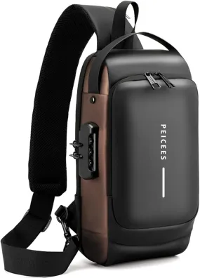 Peicees Mens Crossbody Bag Man Bags Mens Purse Anti-theft Leather Sling Bag Shoulder Bag Chest Bag for Daily Use, Black Gold