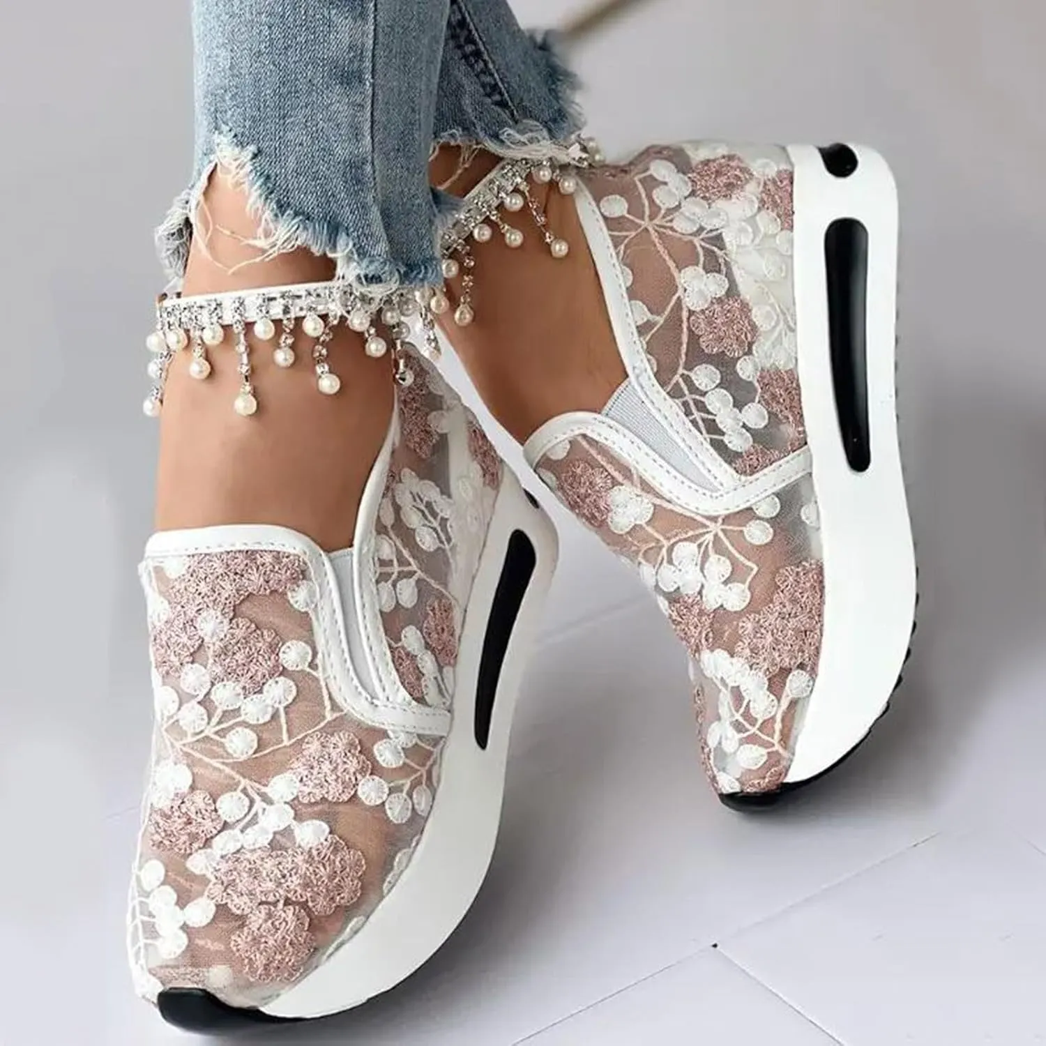 Platform Wedge Shoes for Women Breathable Floral Embroidery Shoes Dressy Casual Chunky Sole Sneakers Sheer Mesh High Heel Tennis Shoe Comfortable Walking Shoe
