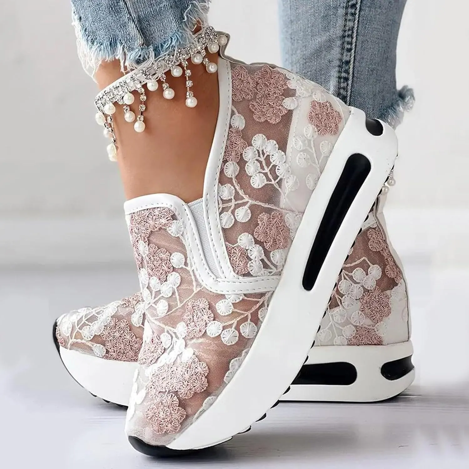 Platform Wedge Shoes for Women Breathable Floral Embroidery Shoes Dressy Casual Chunky Sole Sneakers Sheer Mesh High Heel Tennis Shoe Comfortable Walking Shoe
