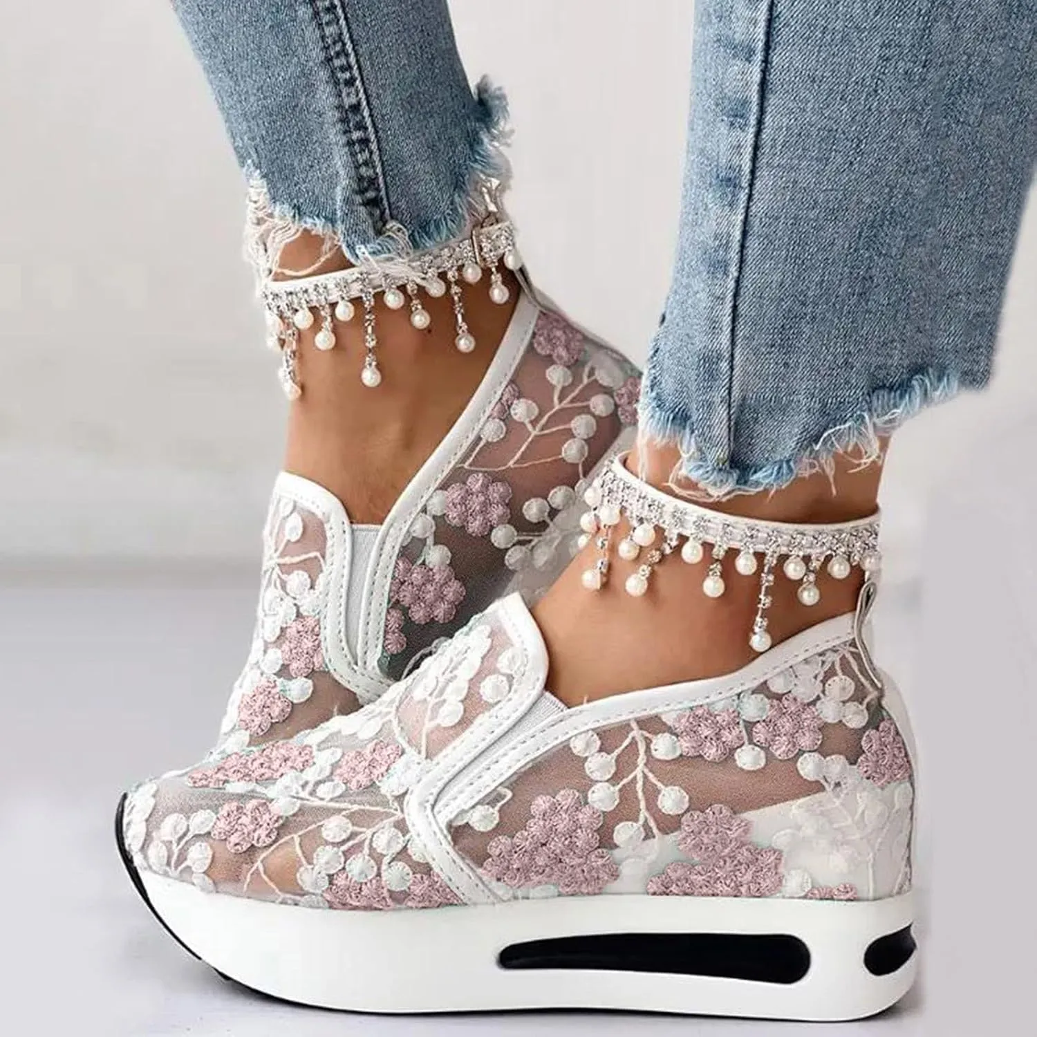 Platform Wedge Shoes for Women Breathable Floral Embroidery Shoes Dressy Casual Chunky Sole Sneakers Sheer Mesh High Heel Tennis Shoe Comfortable Walking Shoe