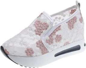 Platform Wedge Shoes for Women Breathable Floral Embroidery Shoes Dressy Casual Chunky Sole Sneakers Sheer Mesh High Heel Tennis Shoe Comfortable Walking Shoe
