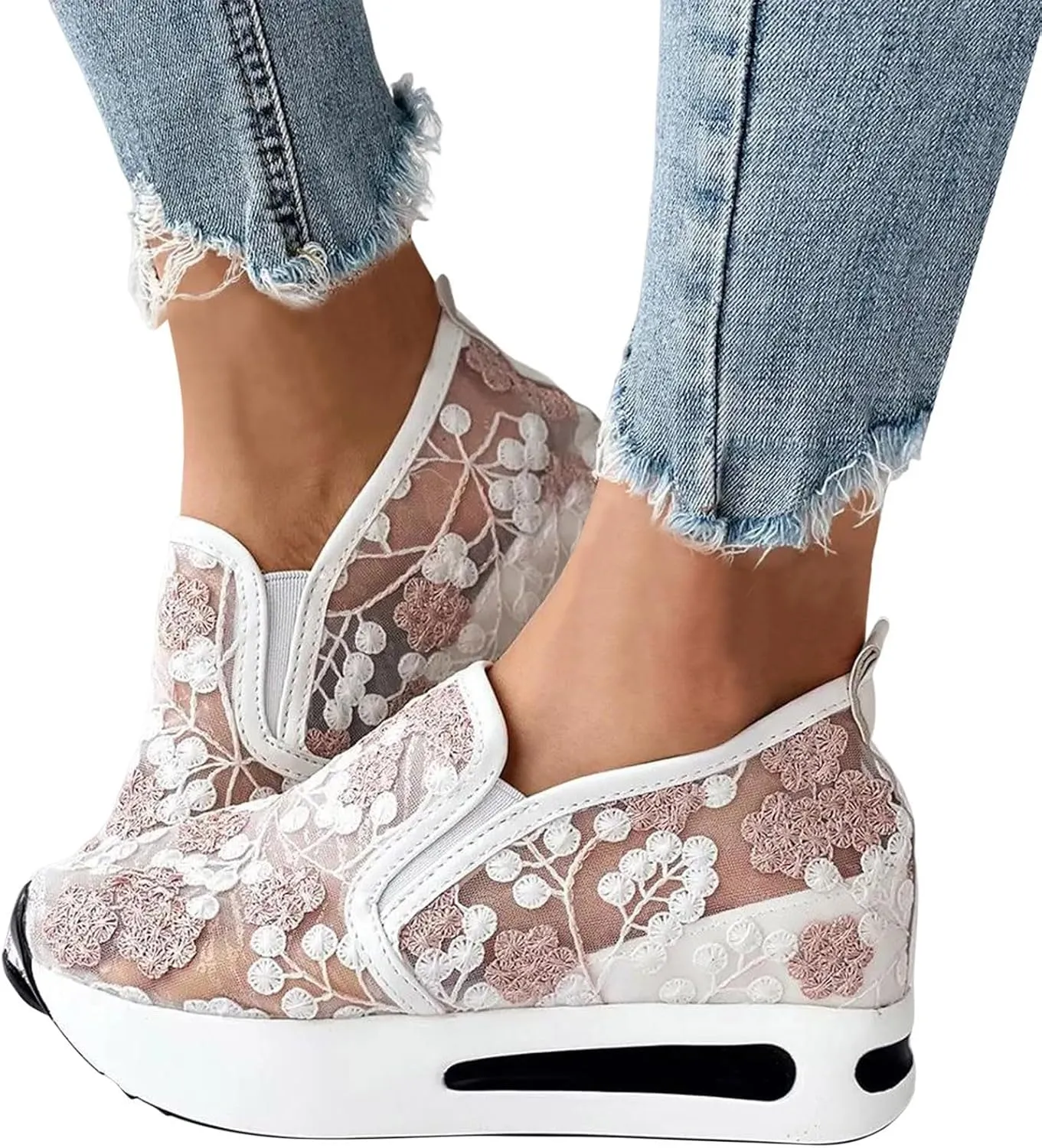 Platform Wedge Shoes for Women Breathable Floral Embroidery Shoes Dressy Casual Chunky Sole Sneakers Sheer Mesh High Heel Tennis Shoe Comfortable Walking Shoe