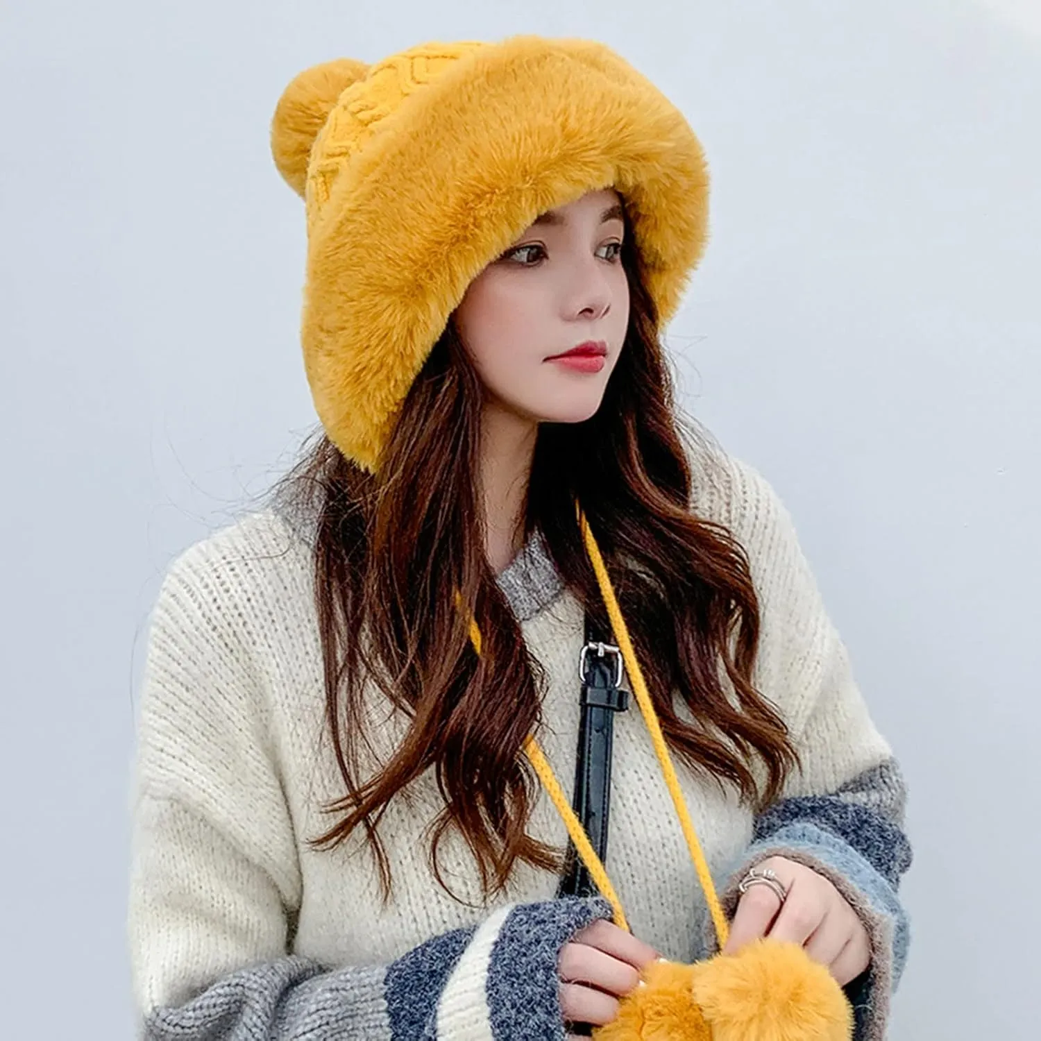 Plush Beanies Hat for Women Winter Peruvian Cover Ears Snow Hats Fluffy Fleece Lined Crochet Skull Cap with Pompom