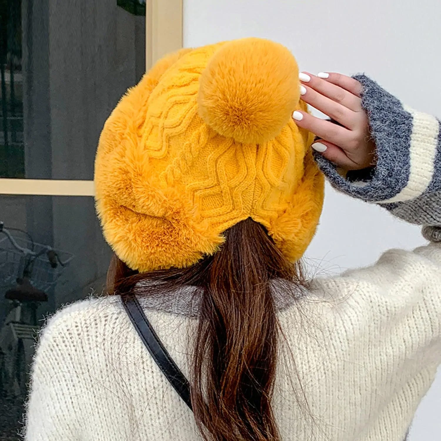 Plush Beanies Hat for Women Winter Peruvian Cover Ears Snow Hats Fluffy Fleece Lined Crochet Skull Cap with Pompom