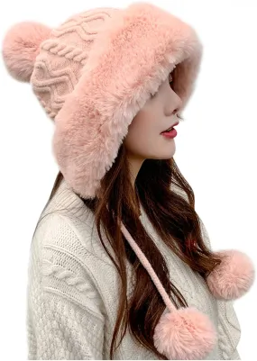 Plush Beanies Hat for Women Winter Peruvian Cover Ears Snow Hats Fluffy Fleece Lined Crochet Skull Cap with Pompom