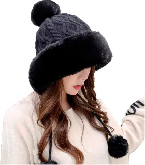Plush Beanies Hat for Women Winter Peruvian Cover Ears Snow Hats Fluffy Fleece Lined Crochet Skull Cap with Pompom