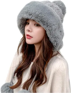 Plush Beanies Hat for Women Winter Peruvian Cover Ears Snow Hats Fluffy Fleece Lined Crochet Skull Cap with Pompom