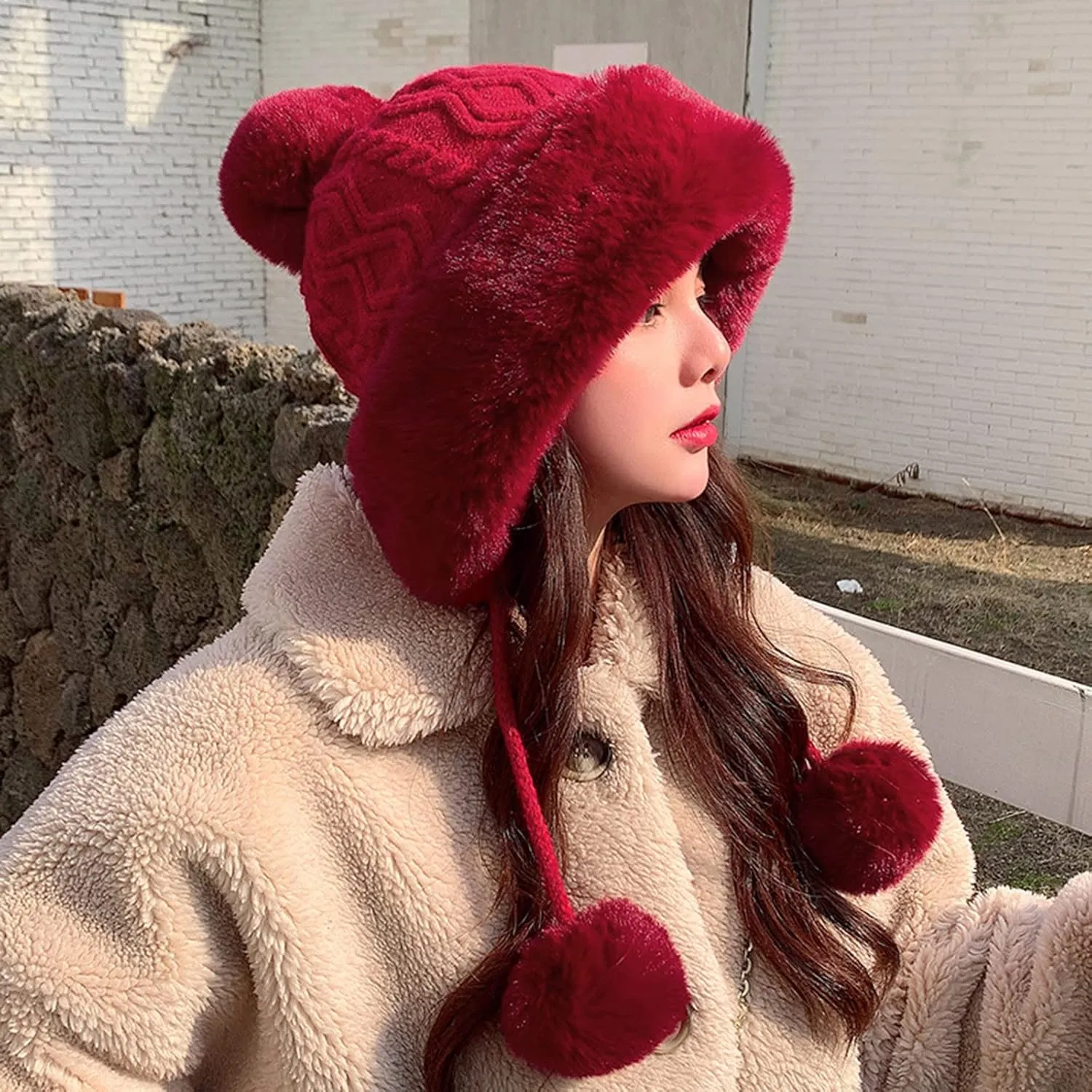 Plush Beanies Hat for Women Winter Peruvian Cover Ears Snow Hats Fluffy Fleece Lined Crochet Skull Cap with Pompom