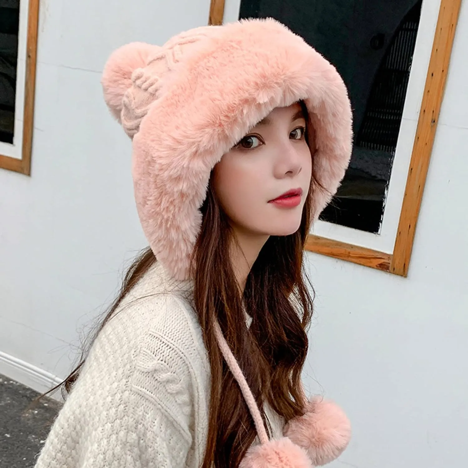 Plush Beanies Hat for Women Winter Peruvian Cover Ears Snow Hats Fluffy Fleece Lined Crochet Skull Cap with Pompom