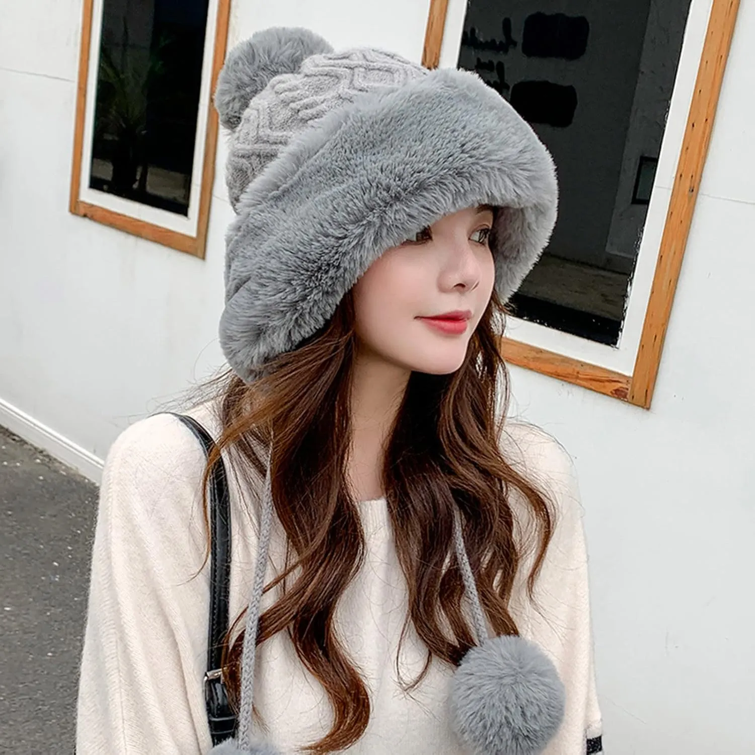 Plush Beanies Hat for Women Winter Peruvian Cover Ears Snow Hats Fluffy Fleece Lined Crochet Skull Cap with Pompom