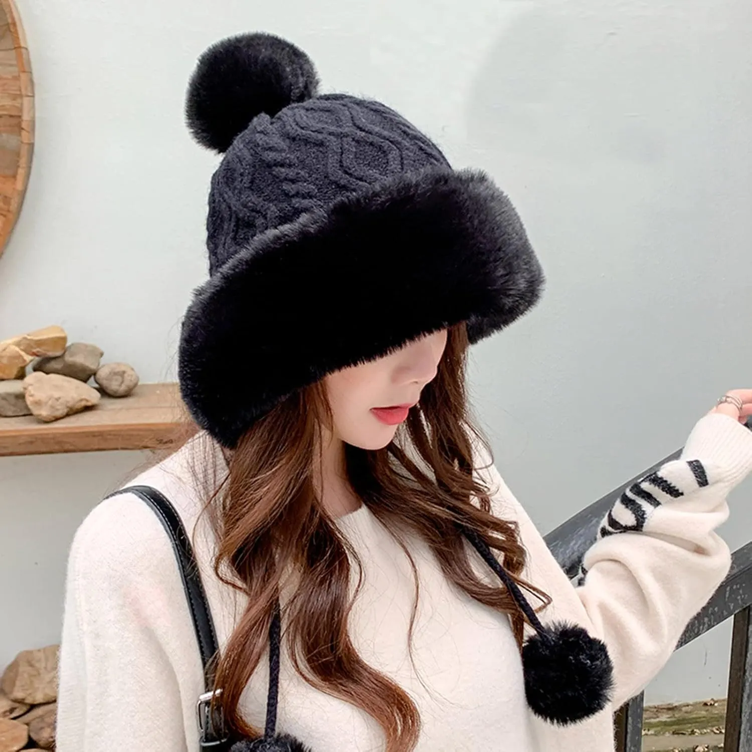 Plush Beanies Hat for Women Winter Peruvian Cover Ears Snow Hats Fluffy Fleece Lined Crochet Skull Cap with Pompom