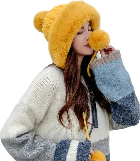 Plush Beanies Hat for Women Winter Peruvian Cover Ears Snow Hats Fluffy Fleece Lined Crochet Skull Cap with Pompom