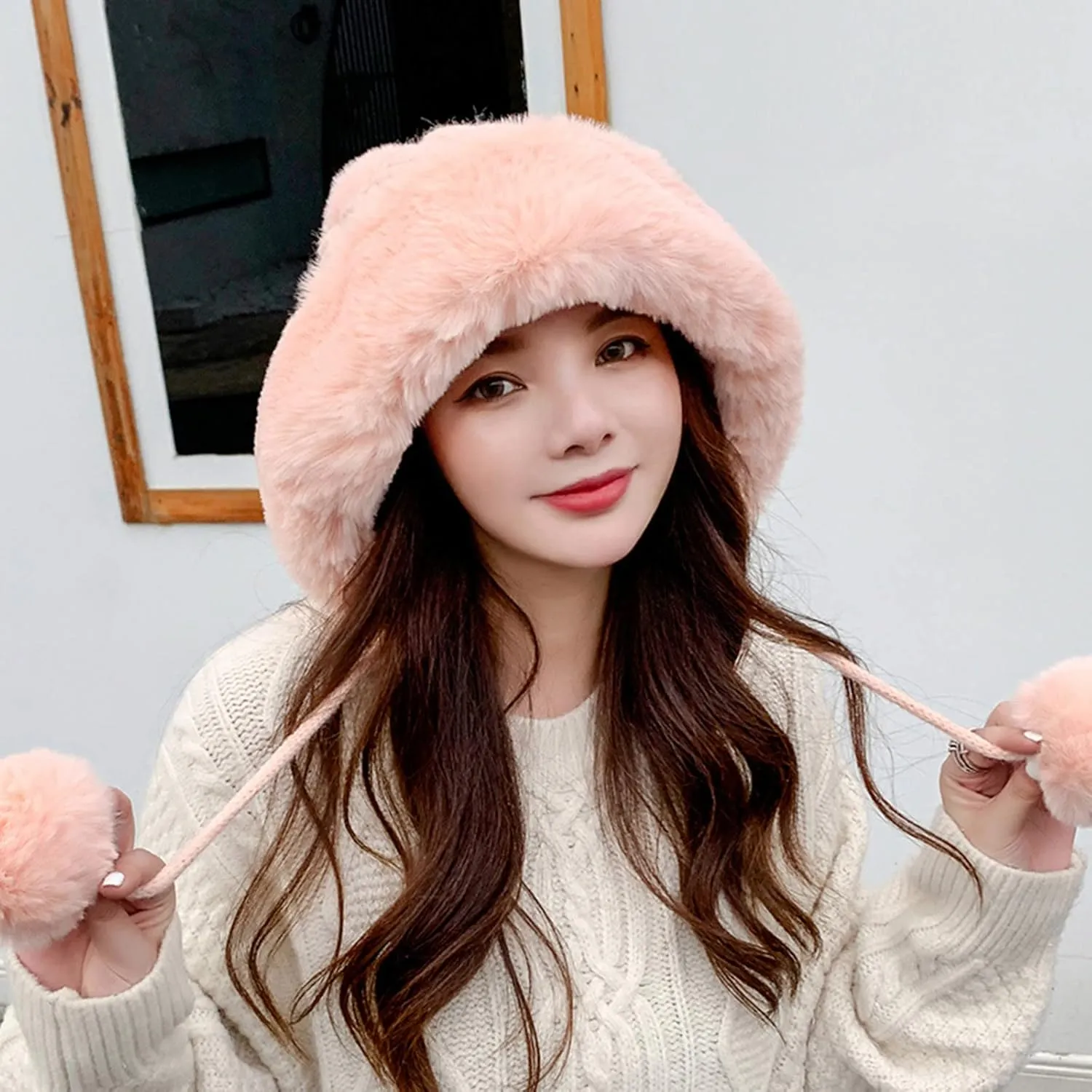 Plush Beanies Hat for Women Winter Peruvian Cover Ears Snow Hats Fluffy Fleece Lined Crochet Skull Cap with Pompom