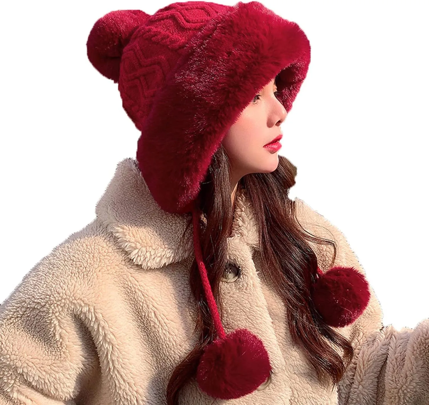 Plush Beanies Hat for Women Winter Peruvian Cover Ears Snow Hats Fluffy Fleece Lined Crochet Skull Cap with Pompom