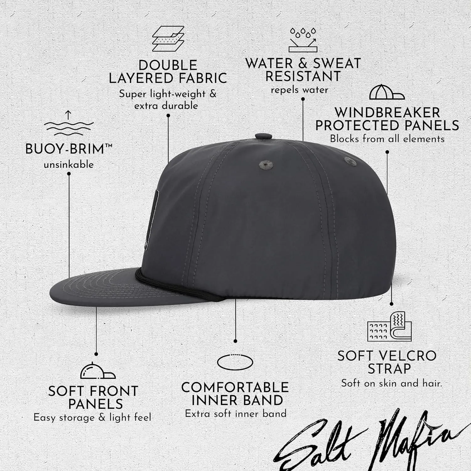 Salt Mafia Hats for Men - Waterproof Hats for Men, Poly-Flat Brim Surfer Hat