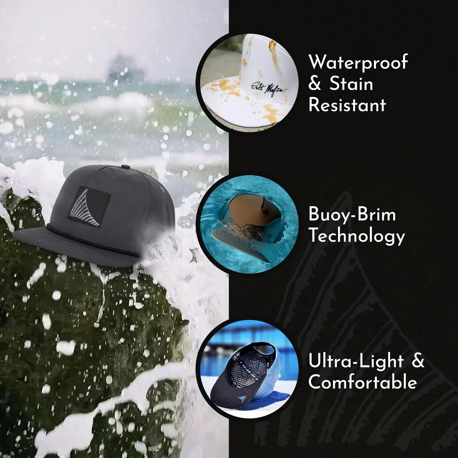Salt Mafia Hats for Men - Waterproof Hats for Men, Poly-Flat Brim Surfer Hat