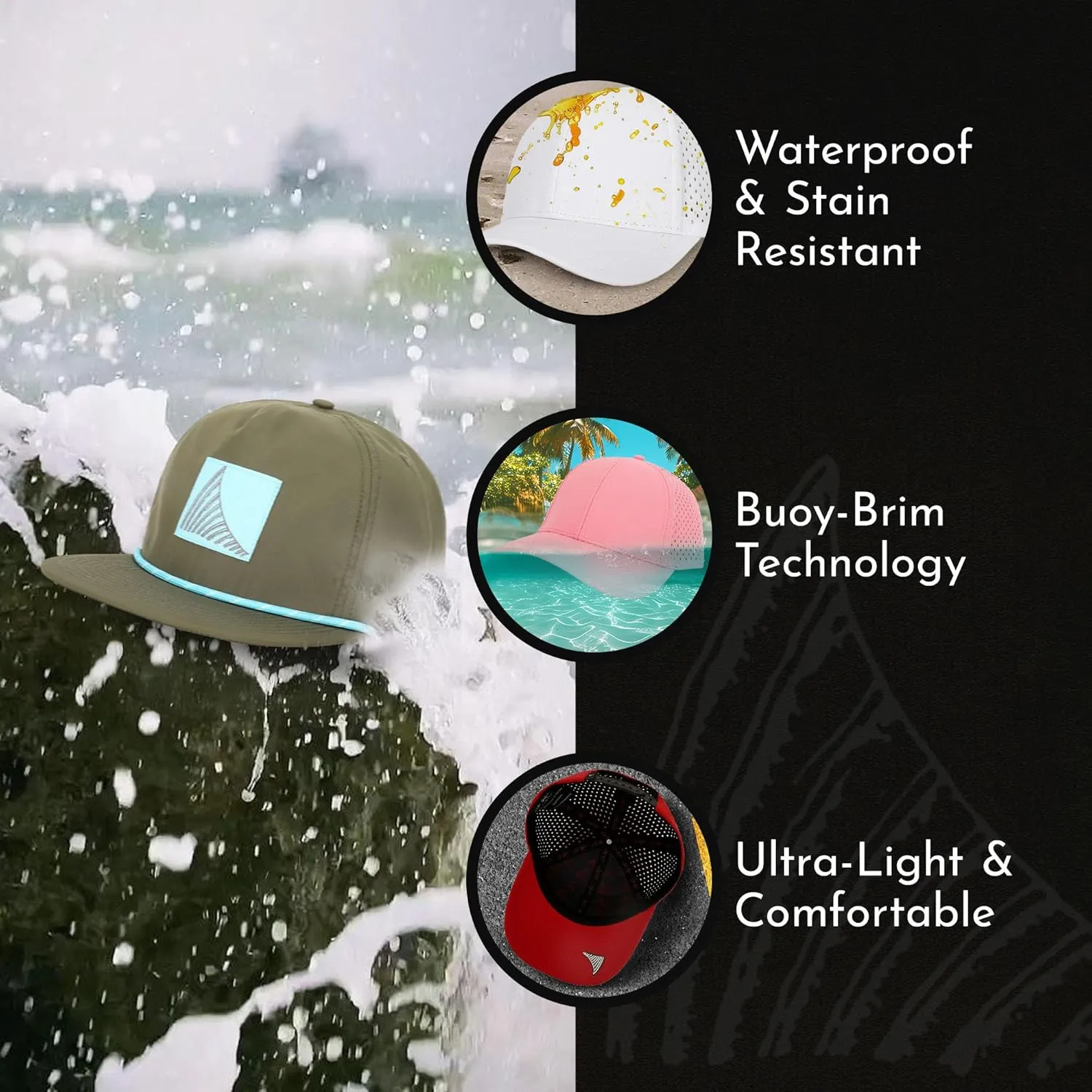 Salt Mafia Hats for Men - Waterproof Hats for Men, Poly-Flat Brim Surfer Hat