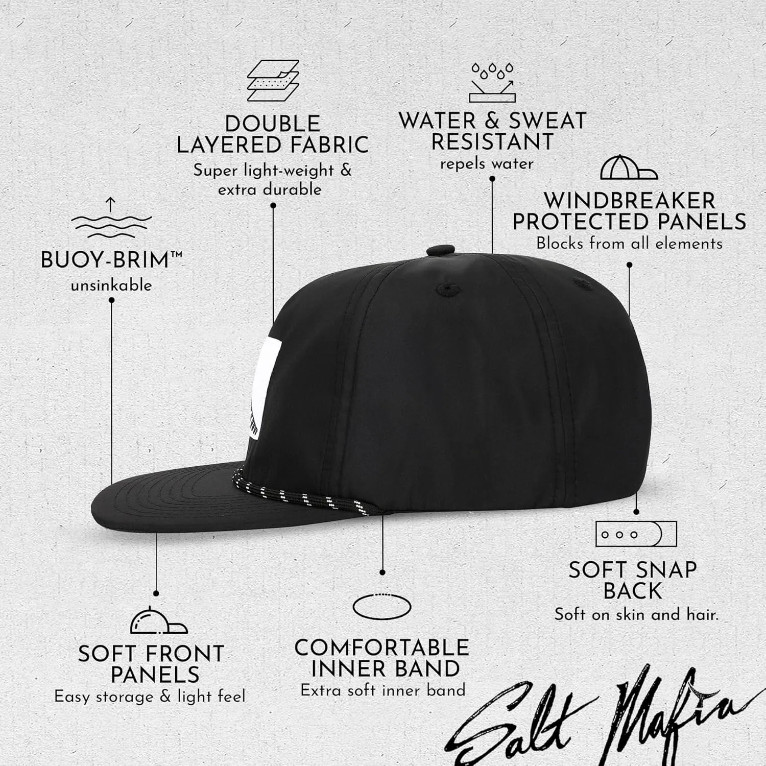 Salt Mafia Hats for Men - Waterproof Hats for Men, Poly-Flat Brim Surfer Hat