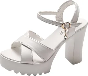 Sandals Strap Mouth Fashion Ladies Fish Sole Heel High Leather Thick Women's sandals Athletic Sandals Women Size 5