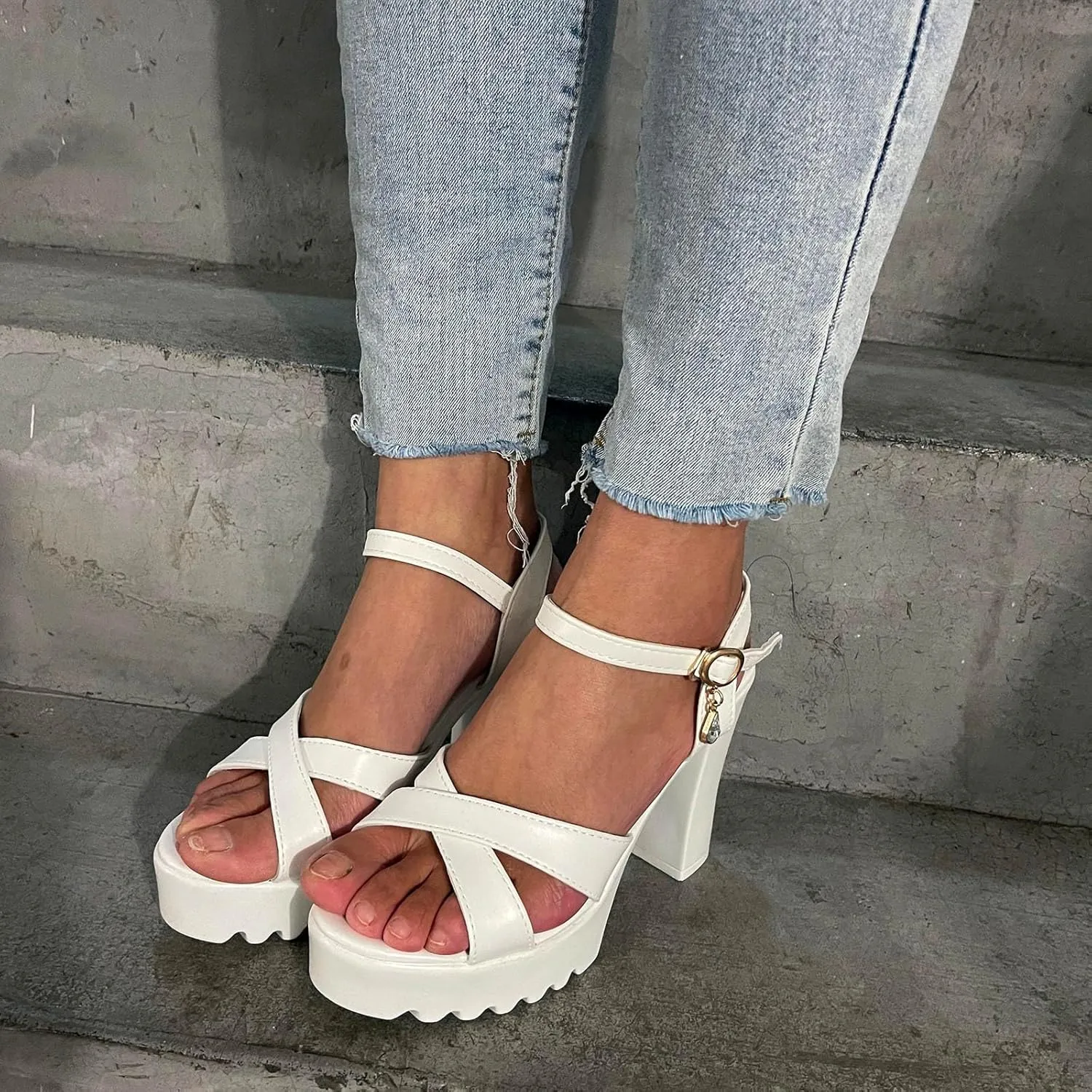 Sandals Strap Mouth Fashion Ladies Fish Sole Heel High Leather Thick Women's sandals Athletic Sandals Women Size 5