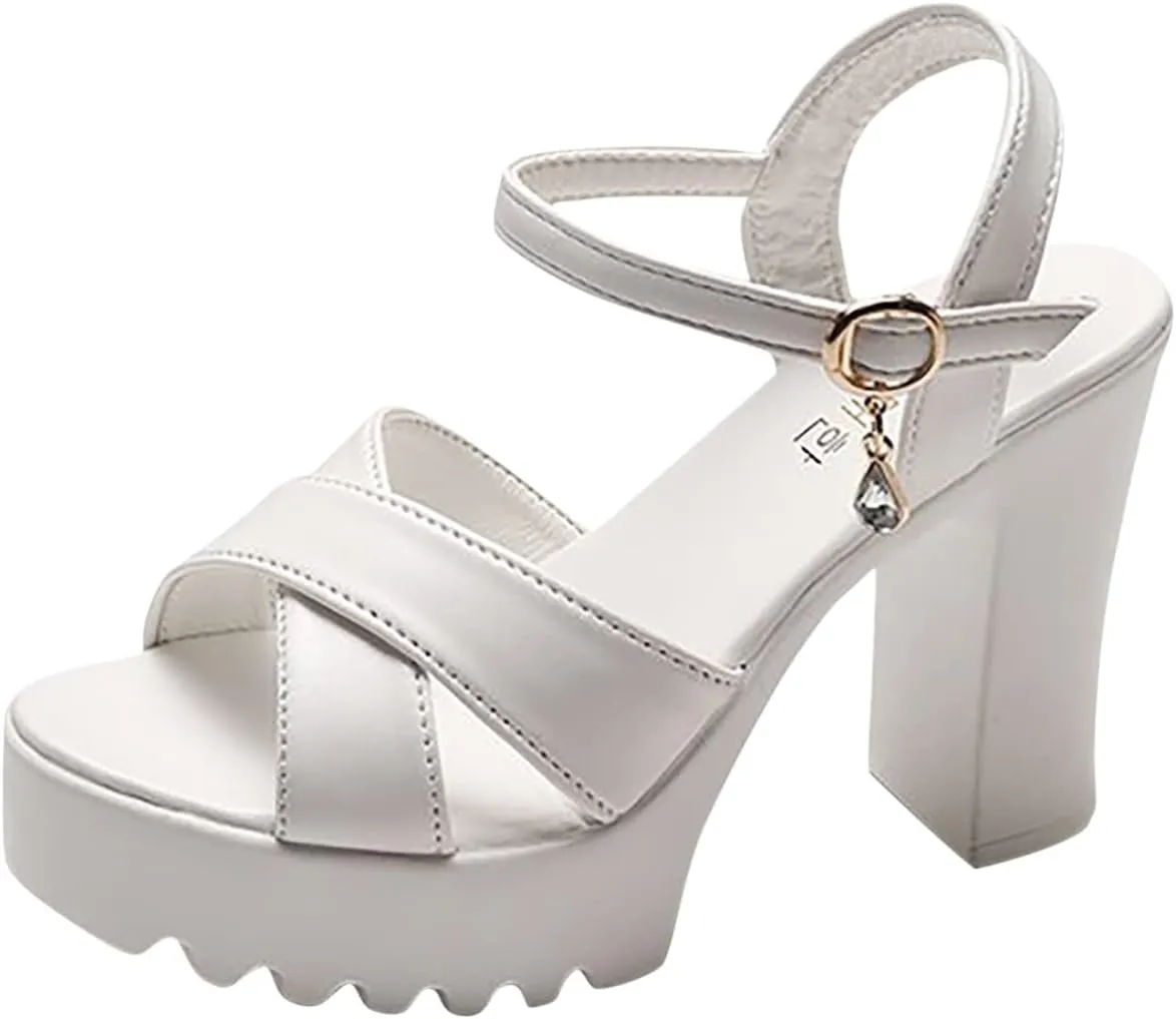 Sandals Strap Mouth Fashion Ladies Fish Sole Heel High Leather Thick Women's sandals Athletic Sandals Women Size 5