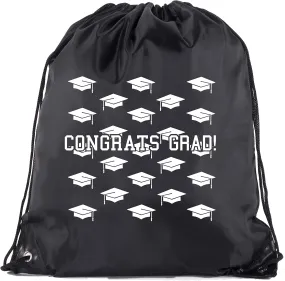 Senior Graduation Drawstring Backpacks Personalized Party Favor Cinch Bags - Grad Hat Grid