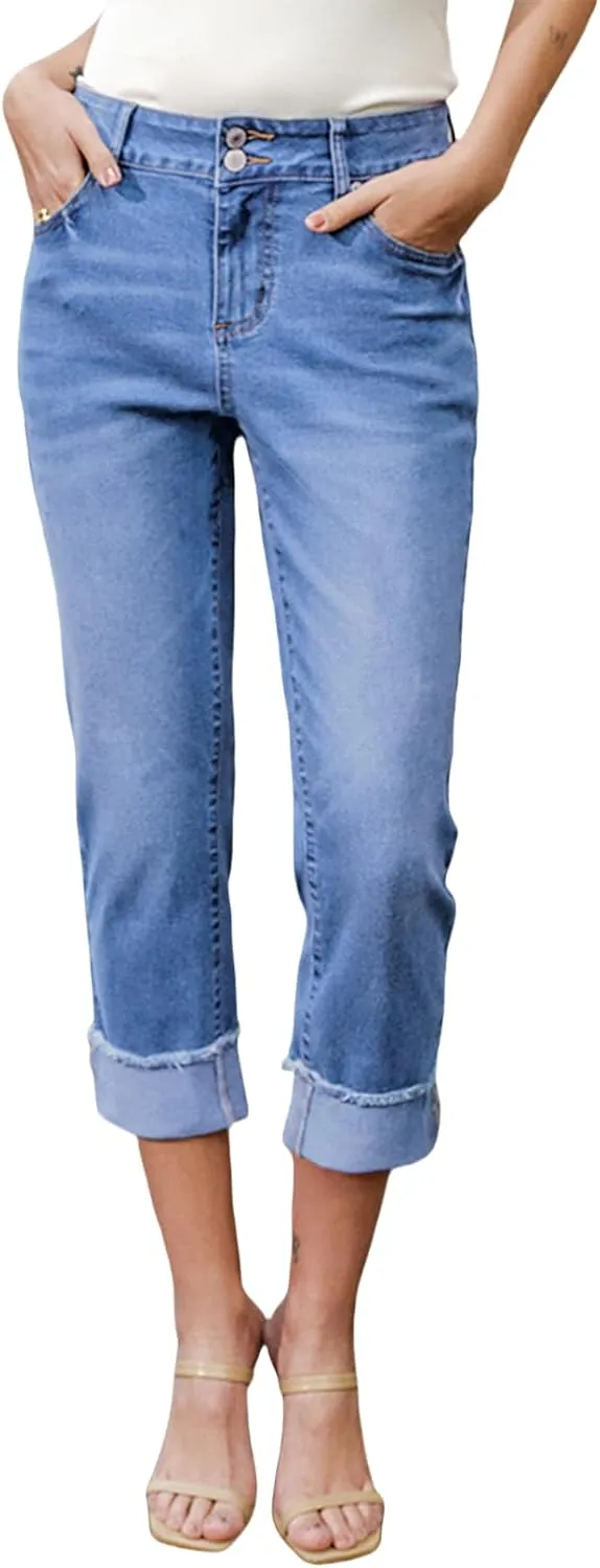 Sidefeel Women's Capri Jeans High Waisted Stretchy Roll-up Skinny Cuffed Cropped Zimbaplatinum Summer Capri Pants